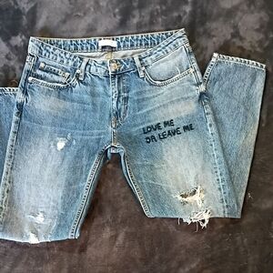 Zara Women Distressed Jeans Size 6 Love Me Or Leave Me Embroidered Jeans